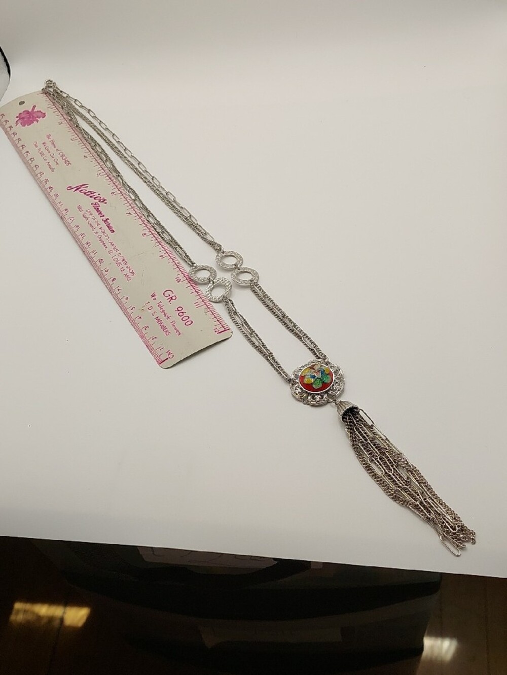 Vtg Silvertone Tassel Pendant Necklace with Multicolor Enamel Floral Accent - Picture 7 of 13